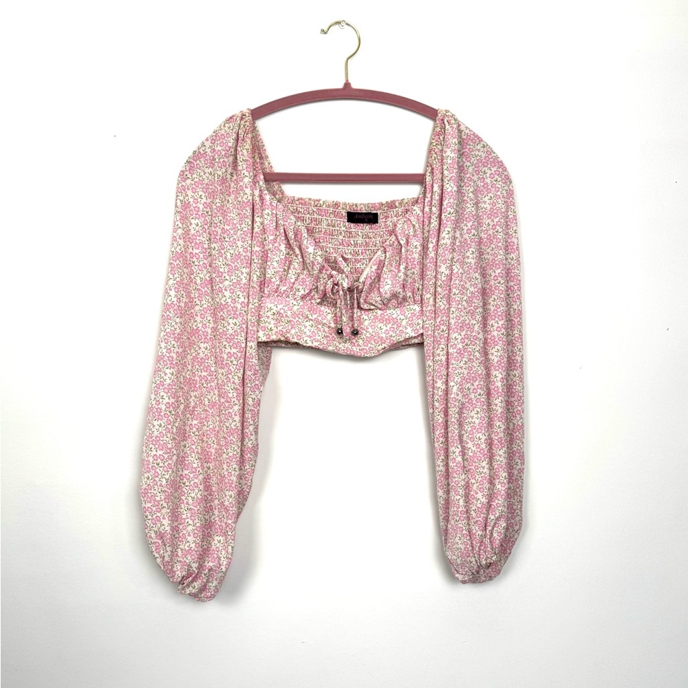 Pink Floral Off Shoulder Smocked Crop Top Size S Cottagecore Coquette Boho